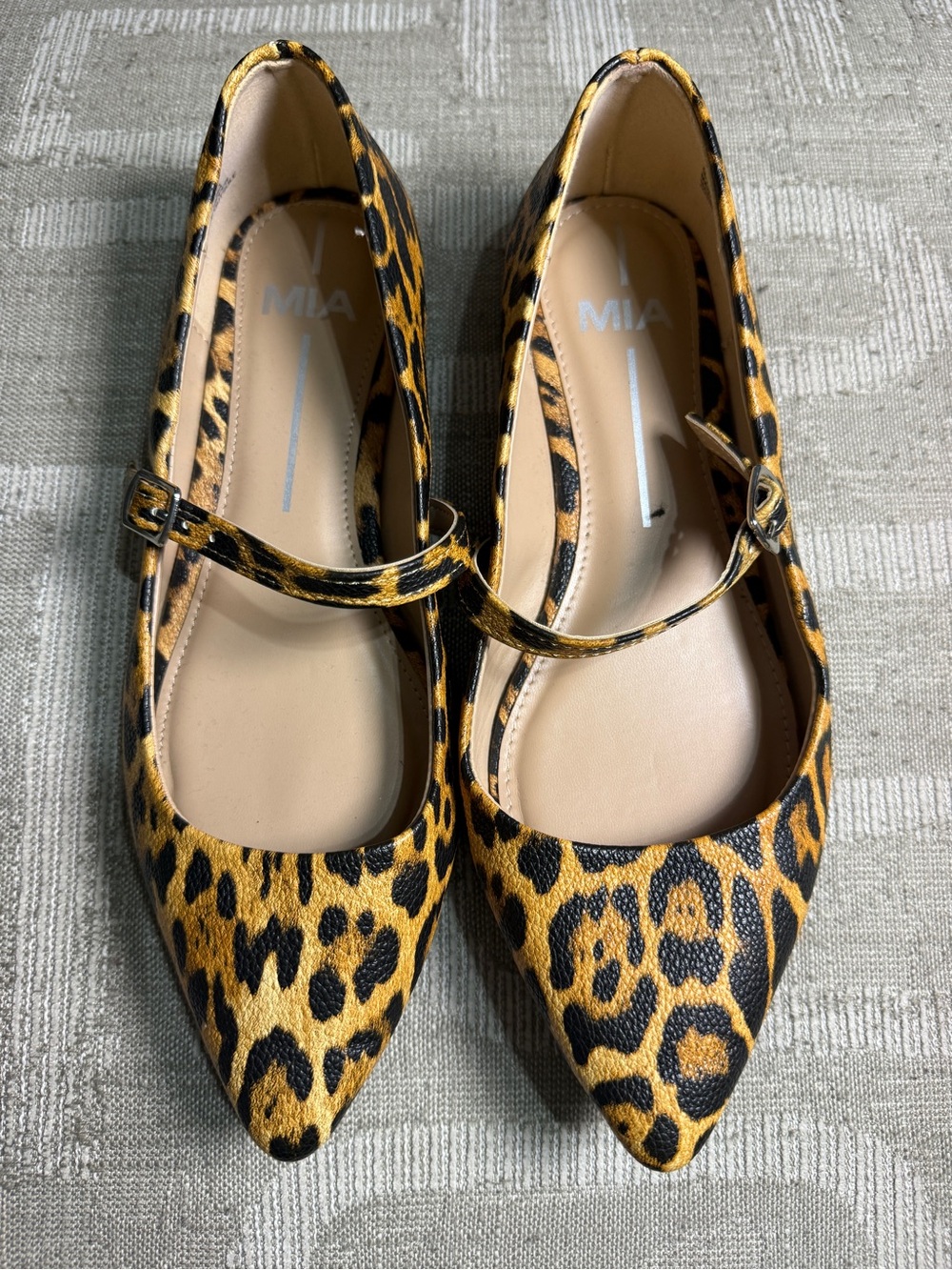 MIA Leopard-Print Pointed Mary Janes in Brown and Black